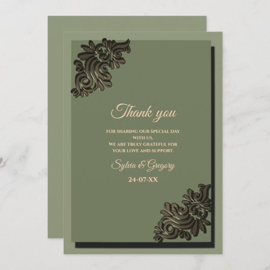 Carte De Remerciements Luxe Moderne Sage vert & or classique métallique (Devant / Derrière)
