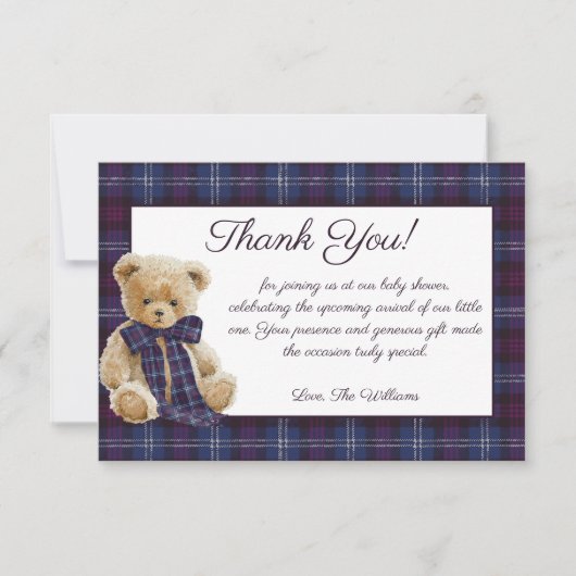 Carte De Remerciements Luxury Bear Plaid Bow Baby Shower (Devant)