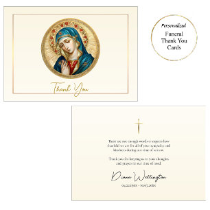 Carte De Remerciements Madone priant avec des roses Funérailles catholiqu