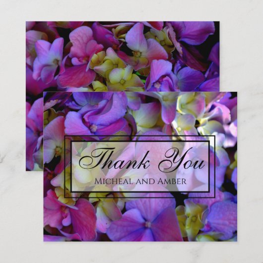 Carte De Remerciements Magenta Purple bleu jaune Hydrangeas fleurs (Devant / Derrière)