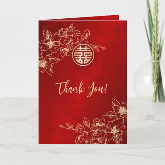 Carte De Remerciements Magnolia Red Gold Photo Mariage chinois (Devant)