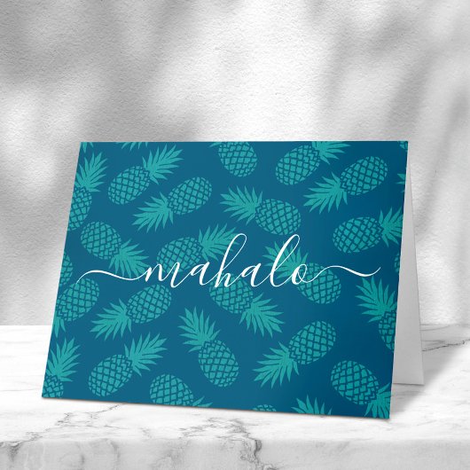 Carte De Remerciements Mahalo turquoise turquoise script d'ananas tropica