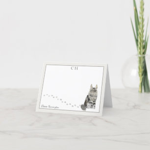 Carte De Remerciements Maine Coon Chat Gris Bordure Monogramme Nom Plié
