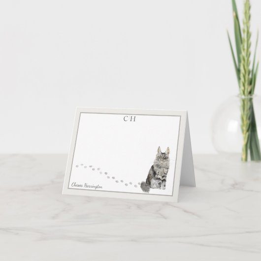 Carte De Remerciements Maine Coon Chat Gris Bordure Monogramme Nom Plié (Devant)