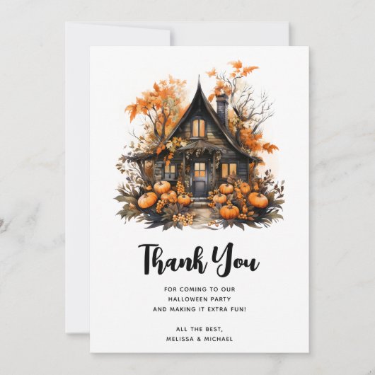 Carte De Remerciements Maison hantée avec citrouilles Halloween (Devant)