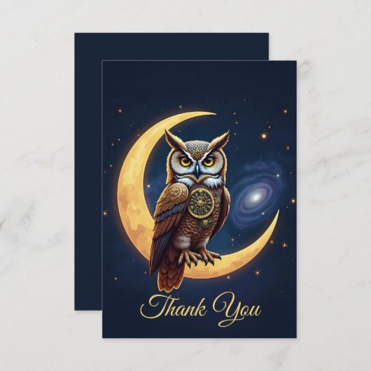 Carte De Remerciements Majestic Clockwork Owl Perched On A Crescent Moon (Devant / Derrière)