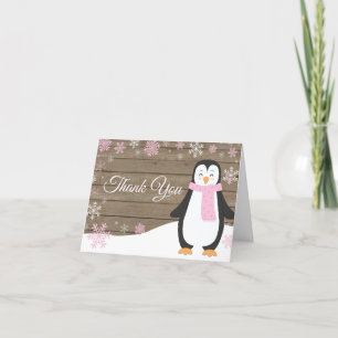Carte De Remerciements Manchot Flocon de Neige Rose Hiver Rustique