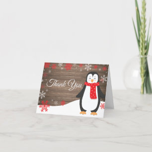 Carte De Remerciements Manchot flocon de neige rouge hiver rustique