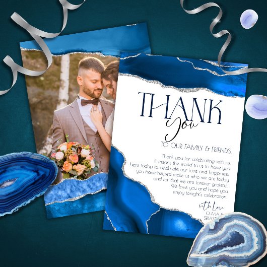 Carte De Remerciements Marble Agate Royal bleu mariage Mariage