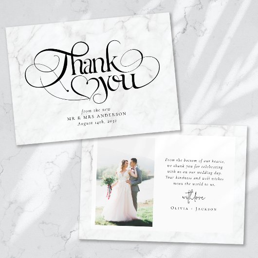 Carte De Remerciements Marble Chic Calligraphie Script Photo Mariage