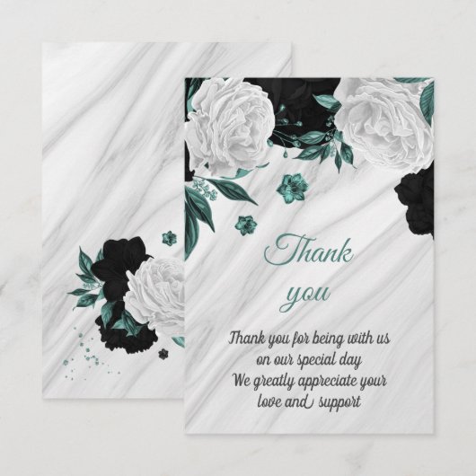 Carte De Remerciements marbre botanique noir blanc et turquoise (Devant / Derrière)