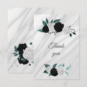 Carte De Remerciements marbre botanique noir blanc et turquoise