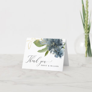 CARTE DE REMERCIEMENTS MARIAGE À L'AQUARELLE FLEURALE BLEU OR VERT FONCÉ