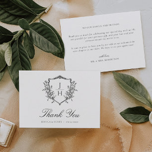 Carte De Remerciements Mariage à monogramme de blason floral Régence élég