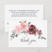 Carte De Remerciements Mariage aquarelle fleurs rose burgundy (Devant / Derrière)