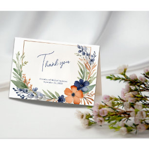 Carte De Remerciements Mariage aquarelle floral orange bleu vert rouille
