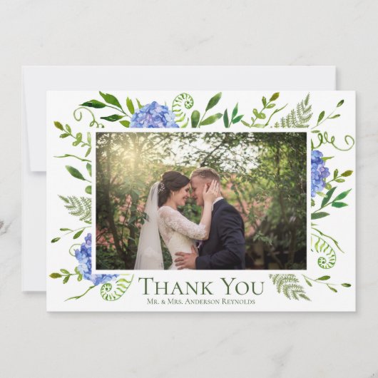 Carte De Remerciements Mariage aquarelle florale aux hortensias bleus pho (Devant)