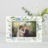Carte De Remerciements Mariage aquarelle florale aux hortensias bleus pho (Debout devant)