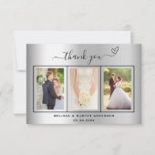 Carte De Remerciements Mariage argent coeur photo simple script élégant (Devant)