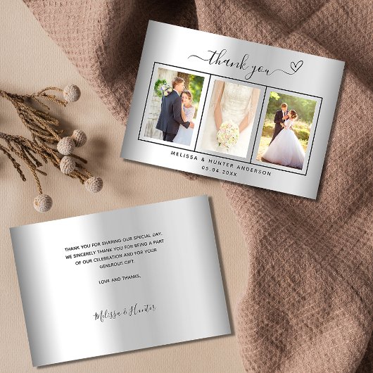 Carte De Remerciements Mariage argent coeur photo simple script élégant