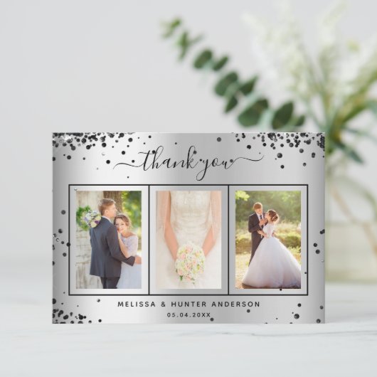 Carte De Remerciements Mariage argent noir parties scintillant photo scri (Debout devant)