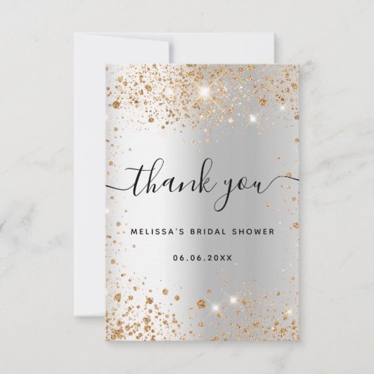 Carte De Remerciements Mariage argent paillettes dorées glamour (Devant)