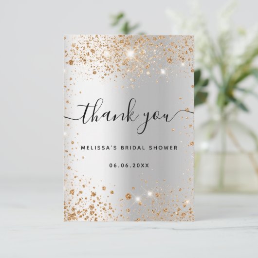 Carte De Remerciements Mariage argent paillettes dorées glamour (Debout devant)