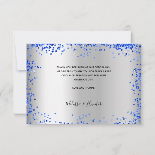 Carte De Remerciements Mariage argent royal bleu photo script (Dos)