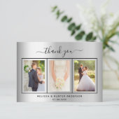 Carte De Remerciements Mariage argent script photo élégant moderne (Debout devant)