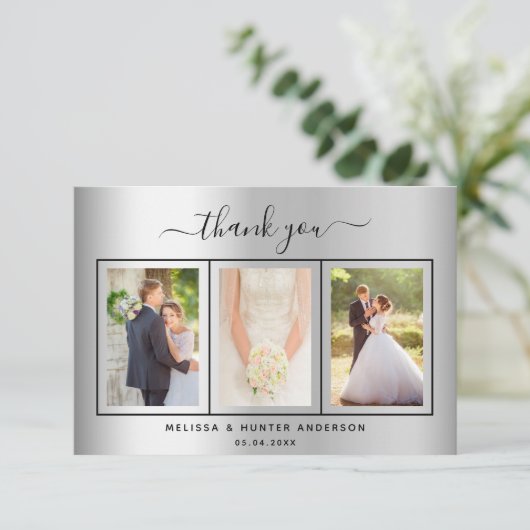 Carte De Remerciements Mariage argent script photo élégant moderne (Debout devant)