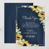 Carte De Remerciements Mariage Arrière - plan Rustic Sunflower Navy Blue (Devant / Derrière)
