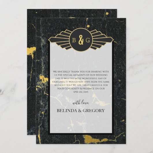 Carte De Remerciements Mariage Art déco en marbre d'or noir (Devant / Derrière)