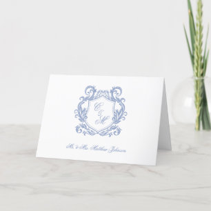Carte De Remerciements Mariage au Blason de Monogramme Bleu Poussiéreux É