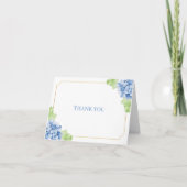 Carte De Remerciements Mariage au cadre doré avec hydrangeas bleus (Devant)