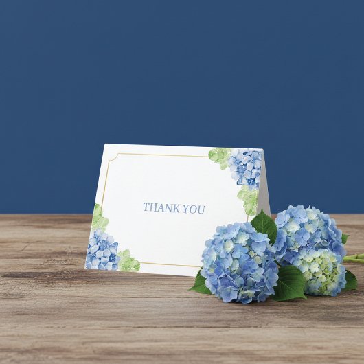 Carte De Remerciements Mariage au cadre doré avec hydrangeas bleus