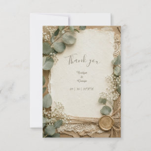 Carte De Remerciements Mariage au Eucalyptus avec Cire et Dentelle Rustiq