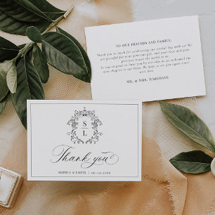 Carte De Remerciements Mariage au monogramme de crête baroque élégant
