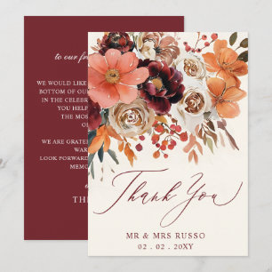 Carte De Remerciements Mariage Automnal Floral Orange Bourgogne