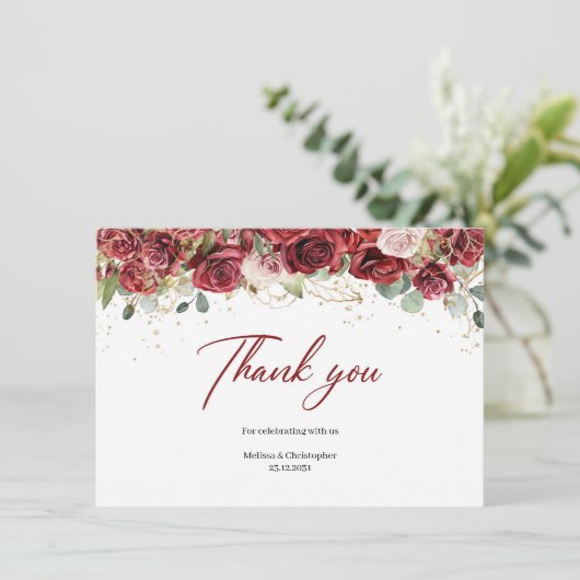 Carte De Remerciements Mariage aux roses à l'aquarelle tendance rouge pro (Debout devant)