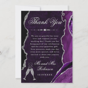 Carte De Remerciements Mariage avec agate et marbre pailletés violet et a