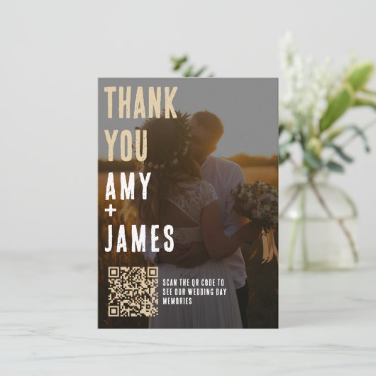 Carte de remerciements mariage avec code QR et pho (Debout devant)