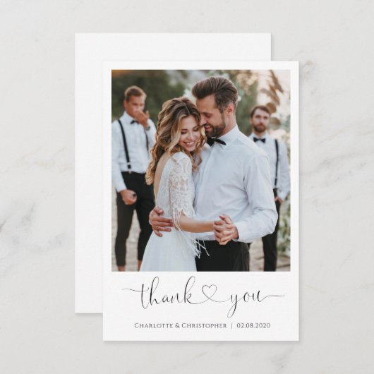 carte de remerciements mariage avec photo, coeur m (Devant / Derrière)