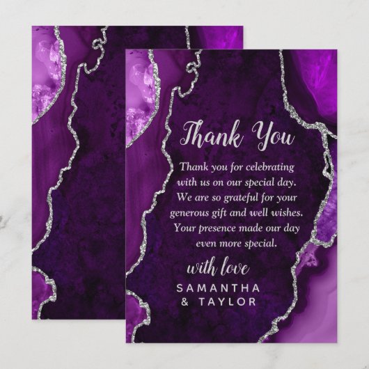 Carte De Remerciements Mariage Bille d'Agate Violette et Argent Remerciem (Devant / Derrière)