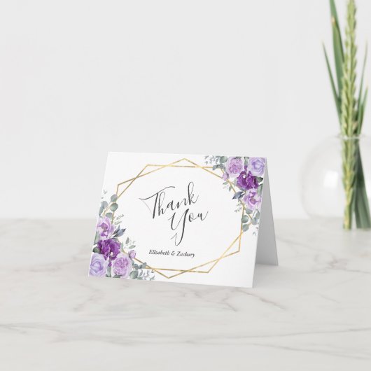 Carte De Remerciements Mariage blanc à cadre d'or fleuri violet (Devant)