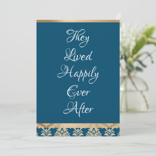 Carte De Remerciements Mariage Blanc Bleu Script Damask Or Happily Ever (Debout devant)