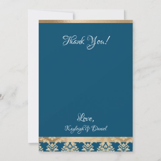 Carte De Remerciements Mariage Blanc Bleu Script Damask Or Happily Ever (Dos)