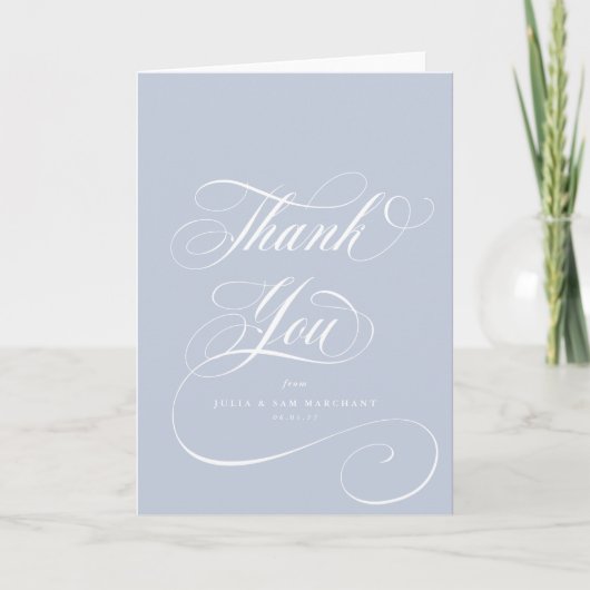 Carte De Remerciements Mariage blanc de script élégant bleu doux (Devant)