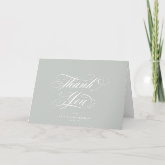 Carte De Remerciements Mariage blanc de script gris vert élégant (Devant)