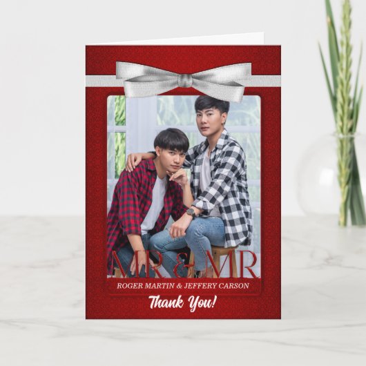 Carte De Remerciements Mariage Blanc Gay Rouge de Deux Mariés (Devant)