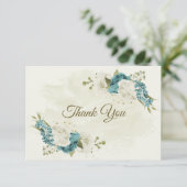 Carte De Remerciements mariage bleu blanc fleurs verdure (Debout devant)